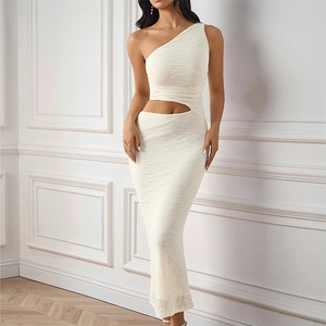 Women's Sexy One Shoulder Cut Out Maxi Dress Apricot Solid Polyester Lace Floral Jacquard Slim Fit Backless Bodycon Party Dress