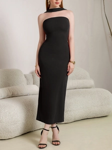 Detail of elegant black strapless long dress with stylish halter neck ties and slim fit
