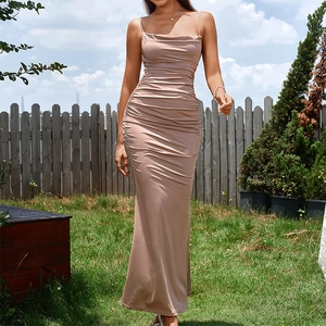 Champagne ruched backless bodycon dress with spaghetti straps and mermaid hem for women