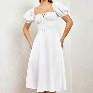 Robe Midi Femme Sexy Dos Nu Laçage Devant Col Carré Manches Bouffantes Élégante Coupe Trapèze Fente Robe Soirée Club Été