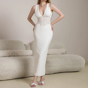 Women Sexy Deep V Neck Sleeveless Lace Maxi Dress White Eyelet Embroidery Hollow Out Patchwork Bodycon Summer Party Long Dress