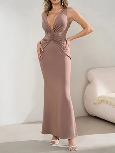 Detail of the elegant Morandi brown v-neck dress with sophisticated waist ruching detail