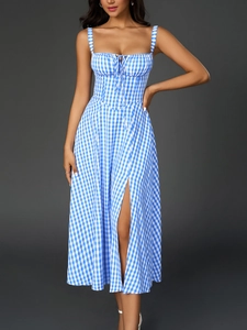 Detail of blue and white gingham midi dress with sweetheart neckline and drawstring tie