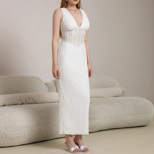 Elegant white sleeveless deep V-neck lace dress with hollow out waist and geometric texture