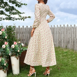 Robe longue trapèze à manches longues avec imprimé floral de roses pour femmes