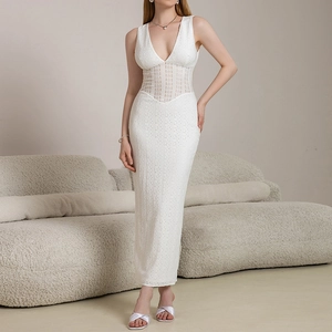 Elegant white sleeveless deep V-neck maxi dress with lace hollow-out and dot embroidery details