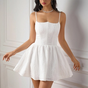 Women Sexy White Stereoscopic Flower Cami Mini Dress Backless Fishbone A-Line Party Dress Elegant Jacquard Short Dress
