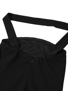 Detail view of the open back with a seamless hidden zipper on a black halter maxi dress