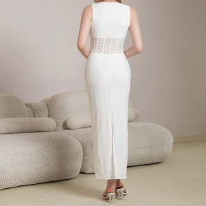 Elegant white sleeveless crochet maxi dress with hollow out embroidery and back slit detail