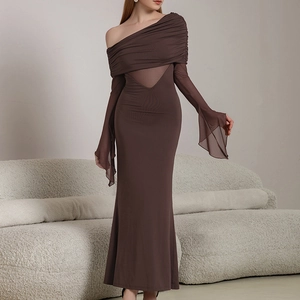Chocolate brown bodycon dress with sheer mesh cutout and flared long sleeves