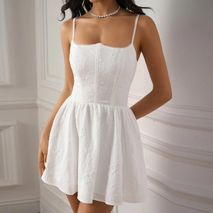 White corset dress with 3D floral lace embroidery and flattering A-line silhouette