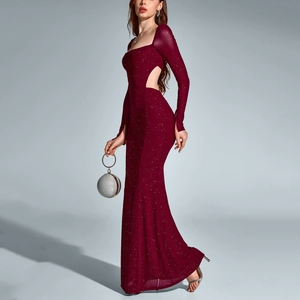 Elegant burgundy mesh sequin gown with square neck, long sleeves, and high slit detail