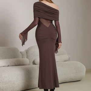 Brown off-shoulder maxi dress with mesh patchwork and ruched back details for women