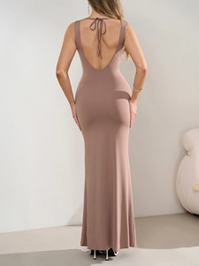 Mocha brown bodycon maxi dress featuring a deep open back and halter neck tie design