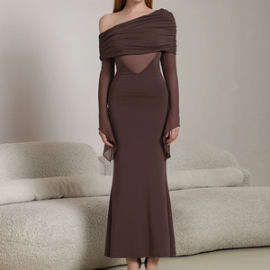 Sexy dark brown off-shoulder bodycon maxi dress with mesh panels and long flared sleeves