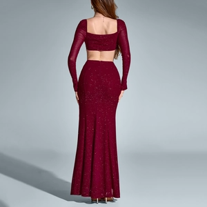 Sparkling wine red two-piece evening gown set with long sleeve top and high-waist maxi skirt