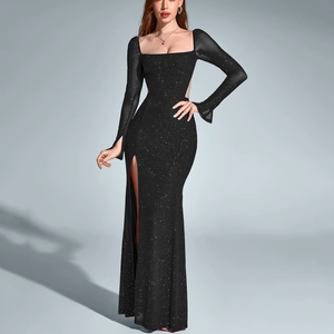 Sparkly black long sleeve evening gown with square neckline and high side slit