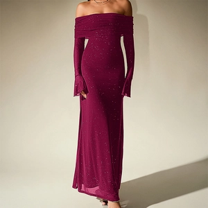 Women Off Shoulder Mesh Maxi Dress Long Flare Sleeve Glitter Slim Fit Sexy Evening Party Prom Elegant Gown Dress