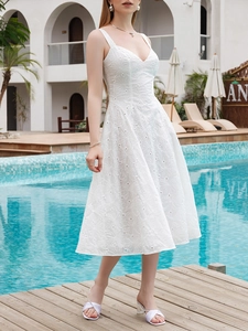 Detailed view of white eyelet embroidery fabric and V-neckline on the midi summer dress