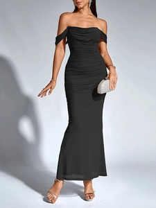 Detail of ruched black off-shoulder mesh evening gown with elegant floor-length hemline