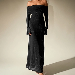 Elegant off-shoulder black mesh maxi dress with silver glitter and flared long sleeves