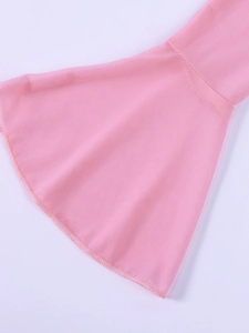 Close-up of pink mesh fabric on flare sleeves with fine stitched edges for women's dress