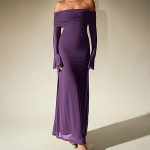 Sparkly purple off-shoulder maxi dress with flared sleeves and shimmering mesh fabric