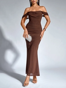 Detail of dark brown ruched mesh fabric on an off-the-shoulder sexy bodycon maxi dress