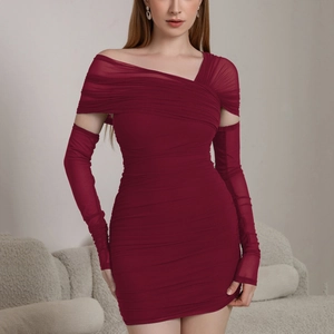 Sexy dark red off-shoulder mesh mini dress with long detached sleeves and ruched details