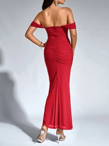 Detailed back view of a red off-shoulder ruched bodycon dress with invisible zipper