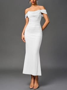 Detail of off-shoulder neckline and ruched bodice on a white slim-fit maxi dress