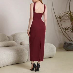 Elegant burgundy backless maxi dress with wide straps and high slit detail