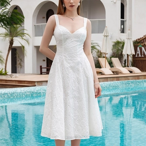 Women Sexy White Eyelet Embroidery V Neck Backless Midi Dress Lace Up Jacquard Vacation Party A Line Sleeveless Dress