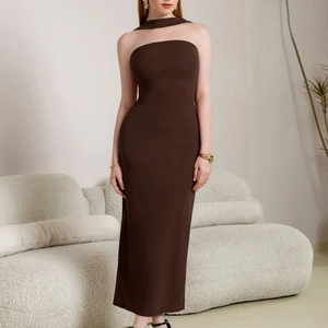 Elegant deep brown bodycon halter dress featuring a strapless neckline for formal events