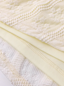Vue macro détaillée de la dentelle tricotée et des coutures de qualité sur robe beige