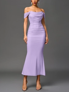 Detail view of the elegant draped off-the-shoulder neckline and mesh ruching on light purple dress