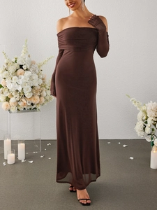 Detailed view of chocolate brown off-shoulder long-sleeve evening dress with ruching