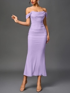 Detail of ruched texture and off-shoulder neckline on this lavender bodycon maxi dress