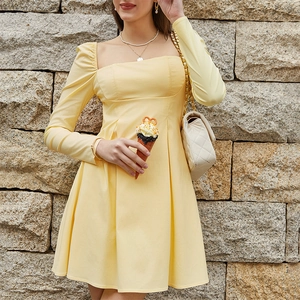 Women's Retro Square Neck Puff Sleeve Mini Dress Backless Bowknot Sexy Pleated Solid Color Long Sleeve Party Short Dress