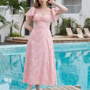 Robe Midi en Jacquard Rose pour Femmes Col Carré Manches à Volants Fente Dos Nu Vacances d'Été Élégante Style Français Robe Longue
