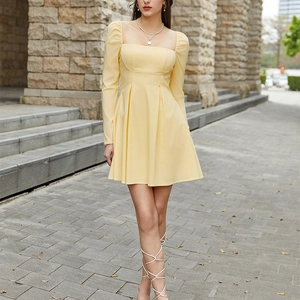 Elegant light yellow square neck long sleeve mini dress with ruched details for women