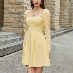 Elegant light yellow square neck long sleeve mini dress with puff sleeves and backless detail