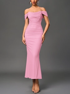 Detailed full view of a pink off-shoulder ruched maxi dress with fishbone mesh fabric