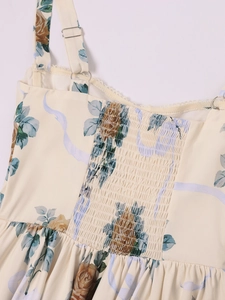 Detail of adjustable straps and smocked back design on floral print summer dress