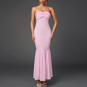 Women Sexy Pink Strapless Mermaid Maxi Dress Elegant Ruffle Trim Backless Smocked Party Evening Wedding Guest Formal Dress