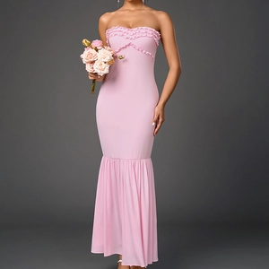 Elegant pink strapless mermaid dress with ruffled neckline and fitted silhouette