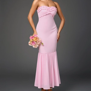 Pink chiffon strapless maxi dress with ruffled trim and mermaid hem for elegant women