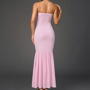 Pink smocked tube dress with a backless fishtail silhouette in chiffon fabric