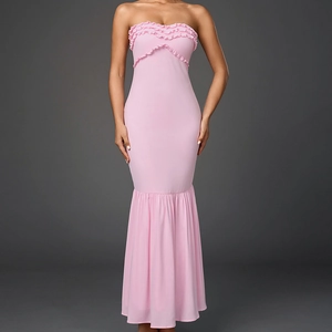 Pink strapless mermaid maxi dress with tiered ruffles and slim fit chiffon silhouette