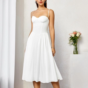 Robe Midi Élégante Style Corset à Fines Bretelles Dos Nu Plissée Trapèze Sexy Robe de Soirée pour Femmes Blanc Rose Été